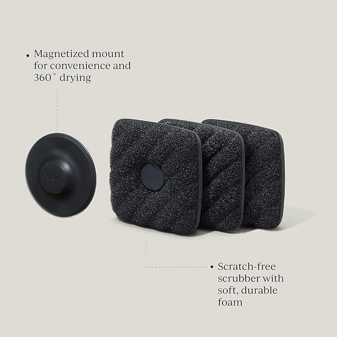 Ionic Non-Scratch Dish Sponges with Magnetized Holder, Odor Resistant Synthetic Scrub Sponges, 3 Pack, Black