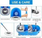 Spin Mop and Bucket with Wringer Set, 3 Washable Microfiber Pads Included for Floor Cleaning, Adjustable Stainless Steel Handle, Easy Moving with Wheels, Blue
