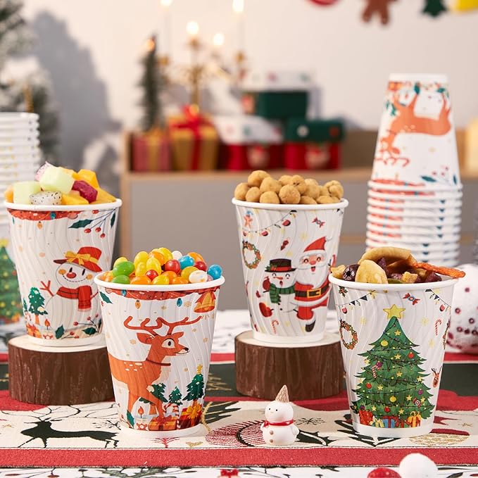 Lamosi Christmas Disposable Coffee Cups 12 OZ 100 Pack, Paper Coffee Cups 12 OZ for Hot Drinks or Cold Beverages, Insulated Corrugated Ripple Wall Cup No Lids for Office, Cafe, Home or Travel