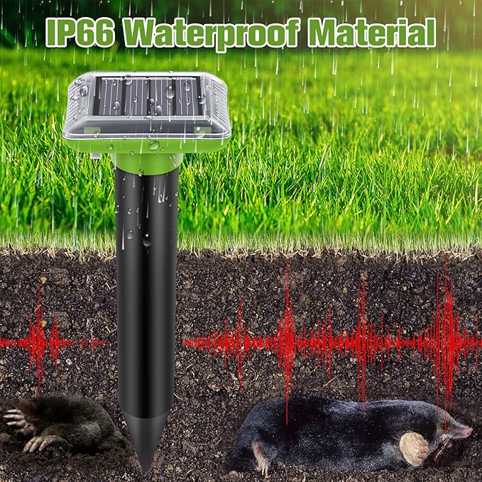 Solar Mole Repellent, Ultrasonic Gopher Repeller Outdoor, Solar Powered Waterproof Snake Repellent Deterrent Gopher Vole Snake Pest and Other Animals from Lawn Garden Yard Home(Green, 4 Packs)