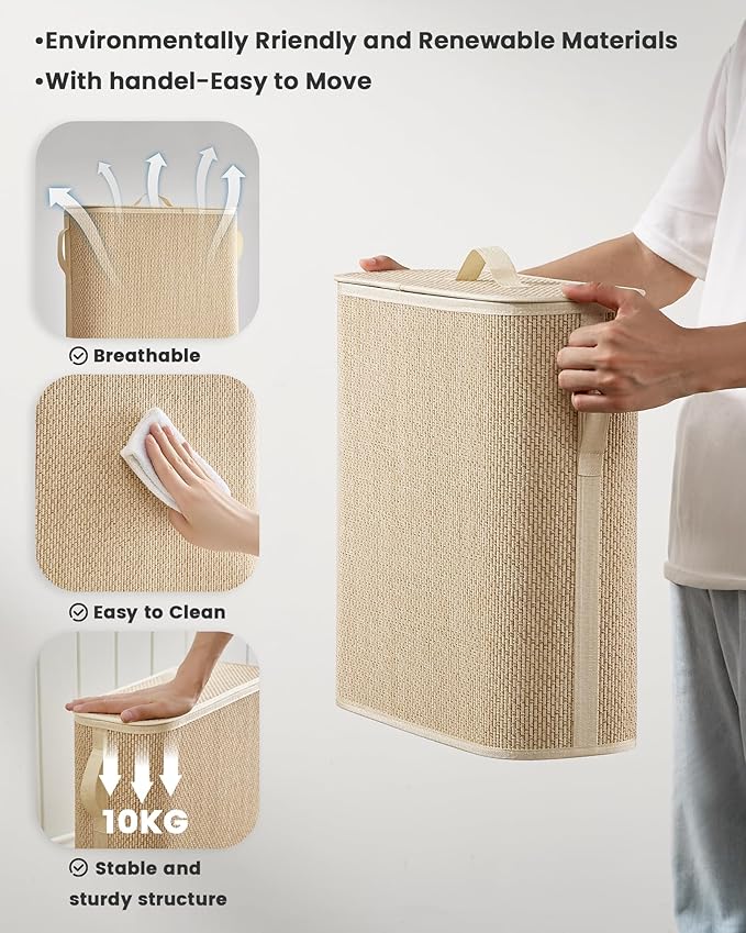 Bamboo Toilet Paper Storage Basket with Lid & Handle - 32L Large Capacity Handwoven Bathroom Organizer for 16 Rolls - Sturdy Stand Holder for Toilet Paper Organization, Light Natural