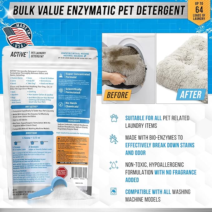 Pet Laundry Detergent Odor Remover - ACTIVE Enzyme Based Powder Detergent for Dogs Beds, Cat Pee, HE Washer Friendly Natural Enzymatic Deodorizer, Urine, Smell, Dog Drool, Stain Eliminator - 64 Loads