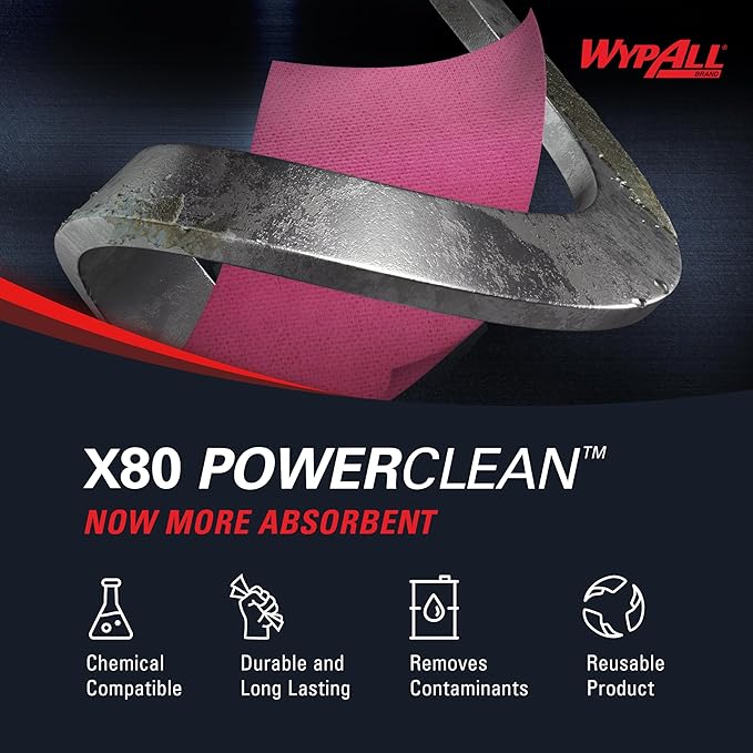WypAll PowerClean X80 Cloths Heavy Duty Wipes (41055), Jumbo, Extended Use Towels, Red (1 Roll of 455 Sheets, 455 Sheet Total)