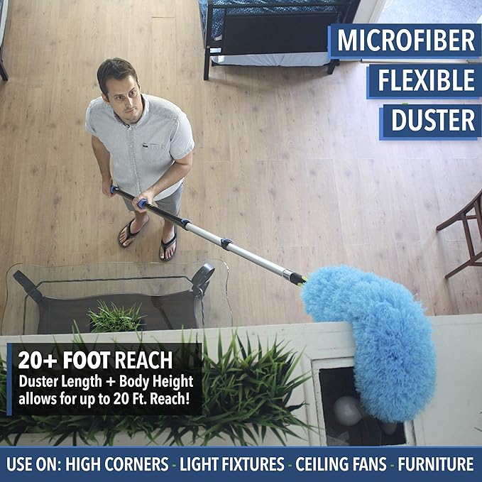 EVERSPROUT 5-to-14 Foot Flexible Microfiber Feather Duster and Extension Pole Combo (20 Foot Reach) | Lightweight, High-Grade Aluminum, 3-Stage Telescopic Pole | Extra Long 24-inch Feather Duster