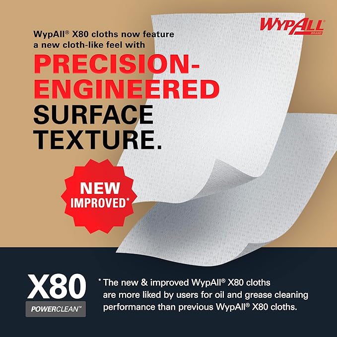 WypAll PowerClean X80 Cloths Heavy Duty Wipes (41055), Jumbo, Extended Use Towels, Red (1 Roll of 455 Sheets, 455 Sheet Total)