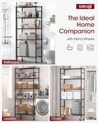 Sakugi Storage Shelves Organizer - 5 Tier Metal Shelf Organizer with Metal Wheels and Adjustable Leveling Feet, Heavy Duty Garage Shelving for Kitchen, Pantry and Closet, 33.1"x12.6"x73.5", Black