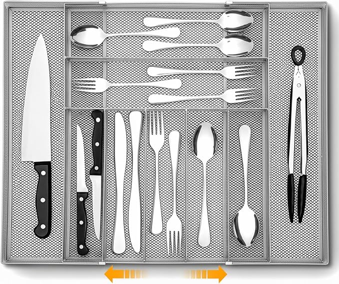 1 Pcs Utensil Drawer Silverware Organizer, Metal Mesh Expandable 13" ~24" Kitchen Drawer Organizer, 7-9 Slots Cutlery Tray Dividers for Kitchen Flatware Christmas Housewarming Gift (Sliver)