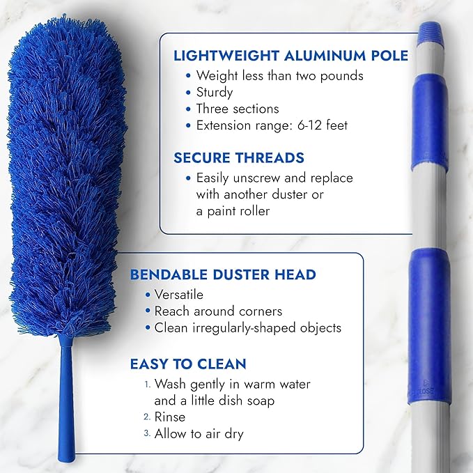 Feather Microfiber Plus Nylon Static Cobweb Duster | Reach Up To 20 Feet | Extendable 3 Tier Ceiling Fan Webster Duster Kit | Aluminum Extension Pole With Threaded Tip | U.S. Duster Co