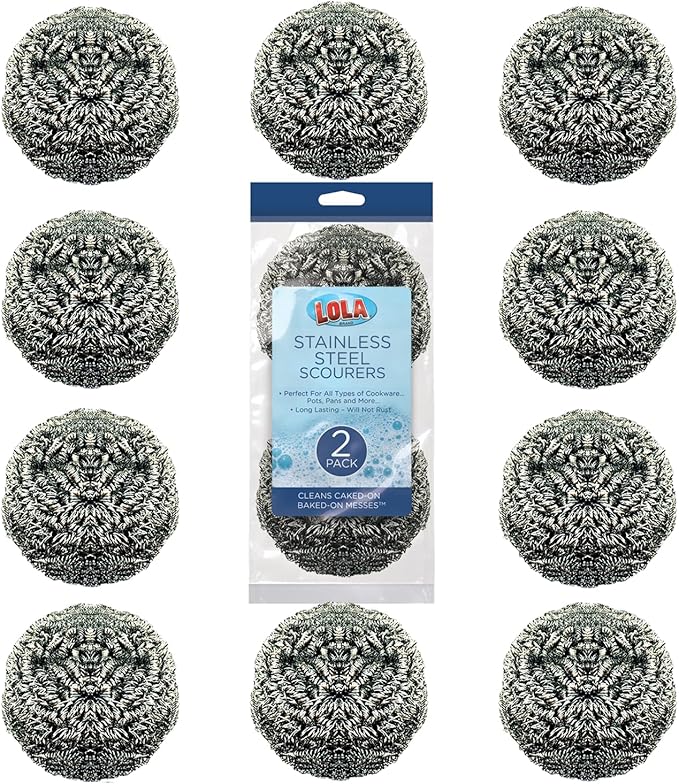 Stainless Steel Wool Scouring Pads, 12 Pack, by LOLA Brand, 18 Grams - Curled Flat Wire, Cleans Caked On & Baked On Messes on Cookware