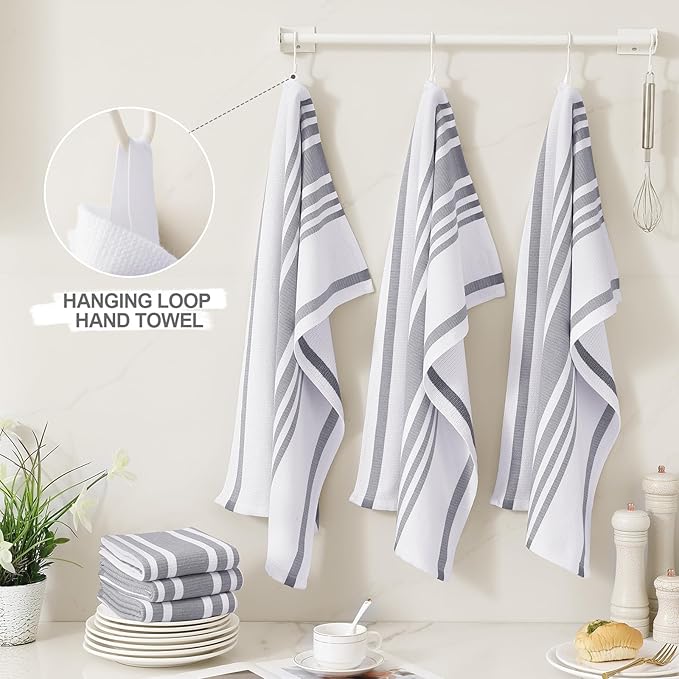 Homaxy Premium Kitchen Towels 18”x 28”, Large Cotton 380 GSM Kitchen Hand Towels, Stripe and Terry Dish Towel, Highly Absorbent Tea Towel Set with Hanging Loop, 12 Pack, Grey