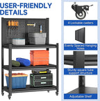 48" Adjustable Workbench with Pegboard,Heavy Duty Steel Work Bench with Lockable Wheels,Metal Rolling Work Table,3-Tier Metal Tool Storage Bench for Garage,Warehouse,Workshop, Home,Basement