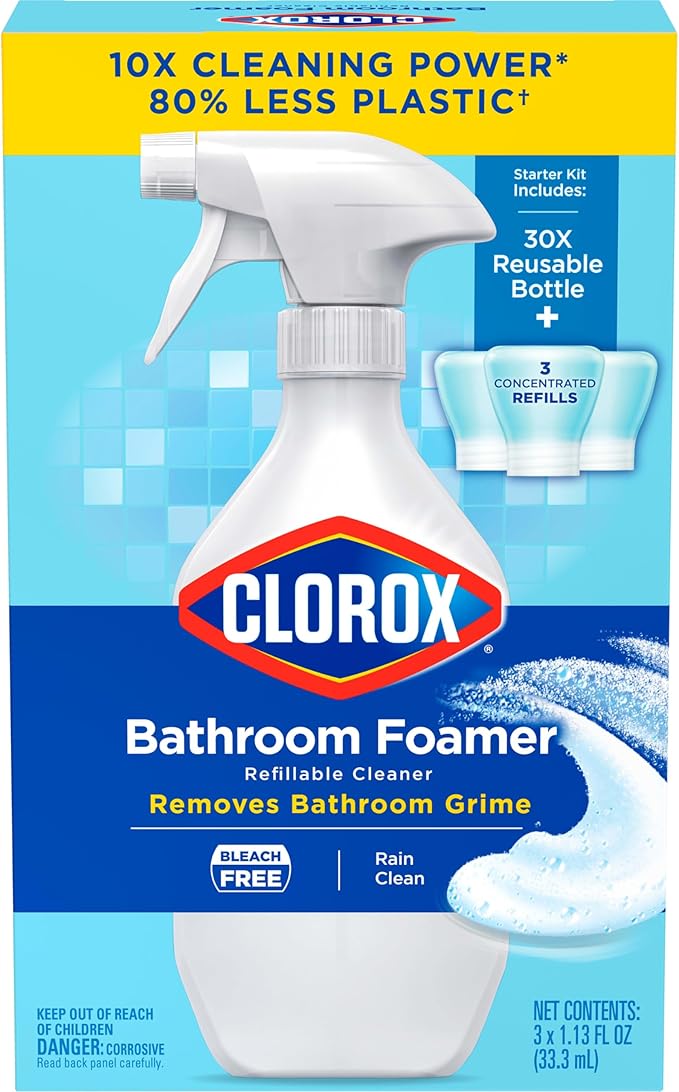 Clorox Bathroom Foamer Refillable Cleaner, Household Essentials, 1 Bottle and 3 Refill, Rain Clean, 1.13 Fl Oz