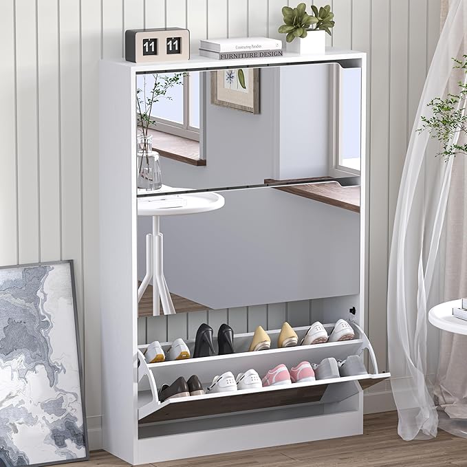 BORNOON Shoe Cabinet with 3-Flip Mirror Drawers, Freestanding Shoe Rack Organizer with Hidden Handle, Slim Narrow Shoe Storage Cabinet for Entryway, Entrance, Hallway, Bedroom