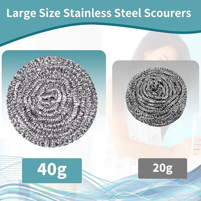Stainless Steel Scourer Heavy Duty Scrubber Pads Steel Wool Pack of 6,40g