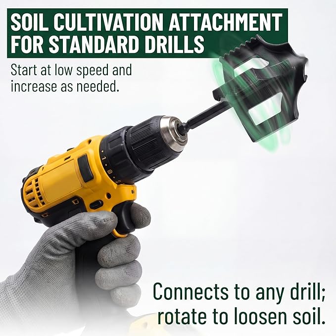 Garden Groomer 4-in-1 Soil Tiller & Auger—Cultivate, Loosen, Weed, and Drill in Garden Beds Or Planter Boxes. 3/8" Hex-Drive Drill Attachment for Effortless Gardening.