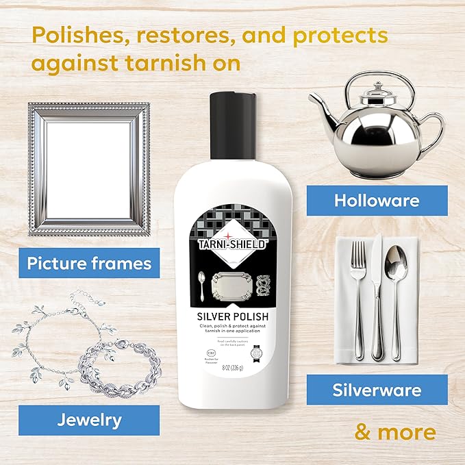 Tarni-Sheild Silver Polish - Clean, Polish, and Protect Against Tarnish - 8 Ounces – Safely Cleans Silver, Copper, Brass, and Other Metals in Just One Application