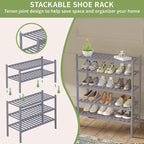 ROMGUAR CRAFT 2 Tier Bamboo Shoe Rack for Closet Free Standing Wood Shoe Shelf for Entryway Small Space Stackable 27"x11"x13" (Grey)