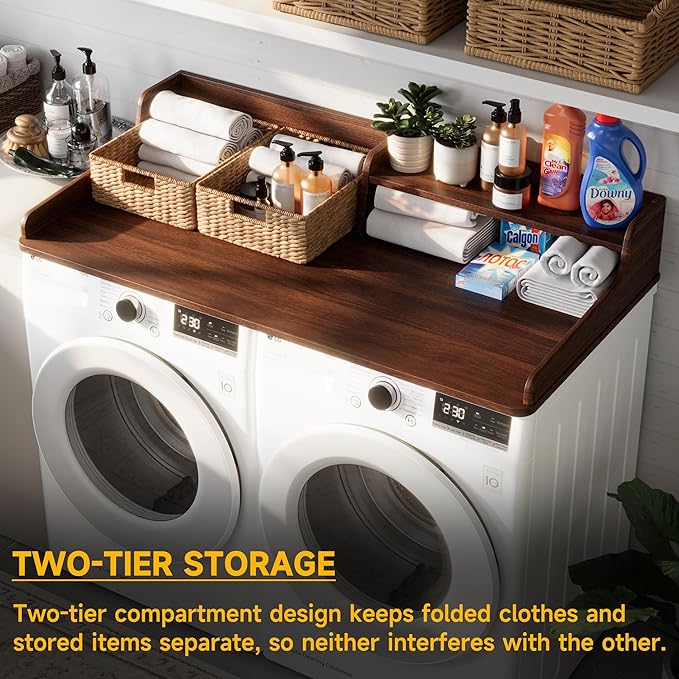 Washer Dryer Countertop, Laundry Wood 2 Tier Shelves Topper with Edge, 54" W x 26.7" D Cover Guard Organizer for Washer and Dryer Laundry Hamper Counter Storage Organization Brown Wood