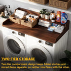 Washer Dryer Countertop, Laundry Wood 2 Tier Shelves Topper with Edge, 54" W x 26.7" D Cover Guard Organizer for Washer and Dryer Laundry Hamper Counter Storage Organization Brown Wood