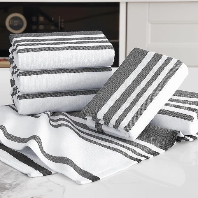 Homaxy Premium Kitchen Towels 18”x 28”, Large Cotton 380 GSM Kitchen Hand Towels, Stripe and Terry Dish Towel, Highly Absorbent Tea Towel Set with Hanging Loop, 6 Pack, Black