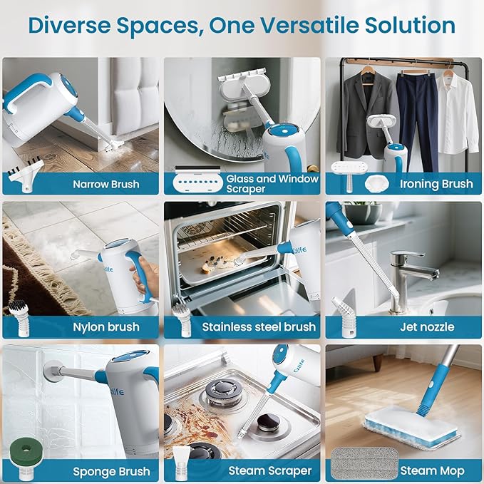 13-in-1 Steam Mop, Handheld Steam Cleaner for Home and Floor Cleaning, Floor Steamers for Hardwood and Tile with Attachments, Electric Mop for Grout Laminate Couch Clothes Carpet, Corded