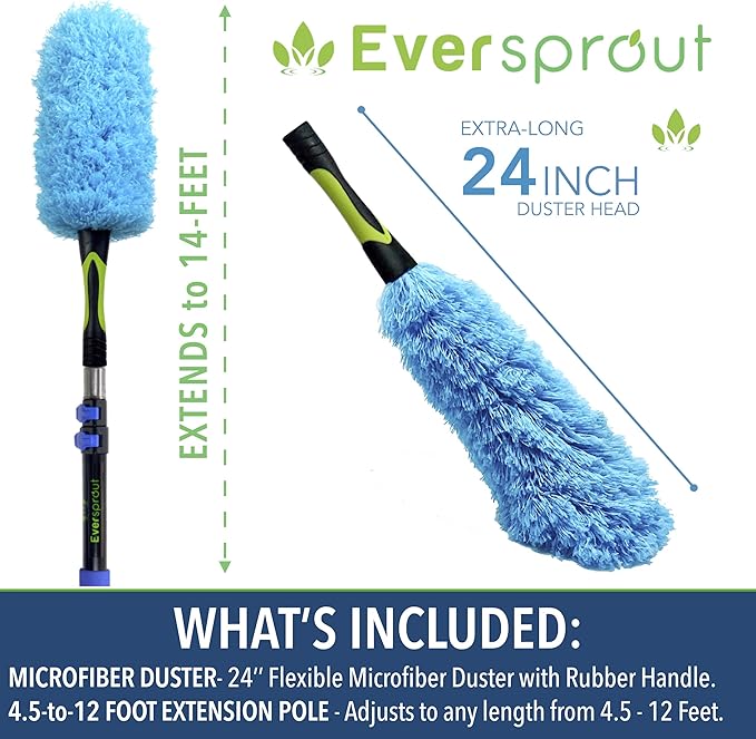 EVERSPROUT 5-to-14 Foot Flexible Microfiber Feather Duster and Extension Pole Combo (20 Foot Reach) | Lightweight, High-Grade Aluminum, 3-Stage Telescopic Pole | Extra Long 24-inch Feather Duster