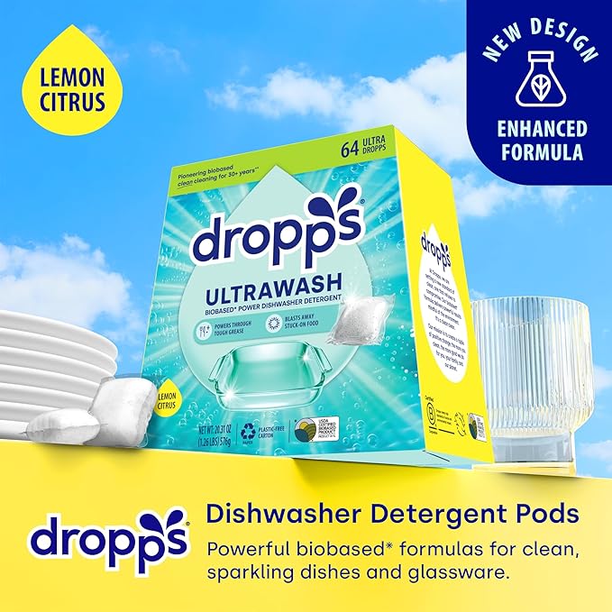 Dropps UltraWash Dishwasher Detergent Pods, Lemon Citrus (64 Ct) - Cuts Grease & Stuck-On Food | Sparkling Dishes & Glasses | Residue-Free | Clean Ingredients | No Pre-Rinse | Plastic Free Packaging