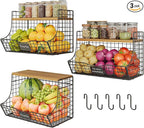 3 Pack Extra Large Fruit Basket for Kitchen with Wood Lid Nameplate - Counter&Wall Mounted Onion and Potato Storage Bin, Stackable Metal Hanging Wire Baskets,15.74 * 8.66 * 10.63 inch