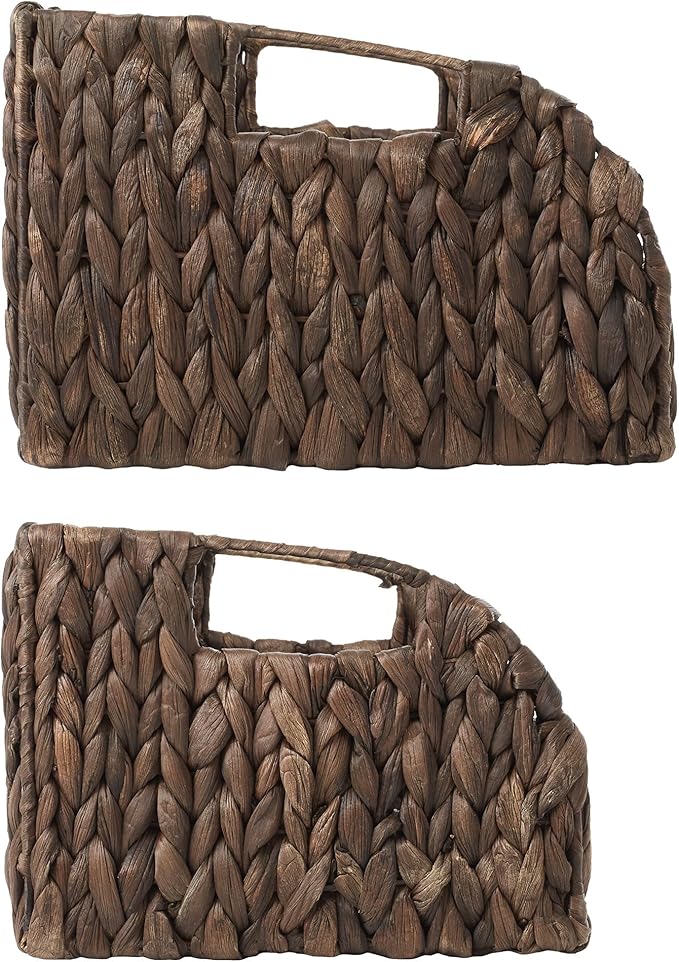 Casafield Set of 2 Water Hyacinth Pantry Baskets with Handles - Espresso, Woven Storage Bin Organizers for Kitchen Shelves, Medium and Large Sizes