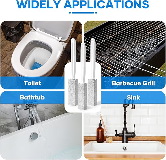 3 Pack Pumice Stone with Handle, Scouring Stick with Extra Long Handle, Powerfully Away Hard Water Ring, Limescale Stain, Calcium Buildup & Rust for Cleaning Toilet, Sink, Grill (Gray)