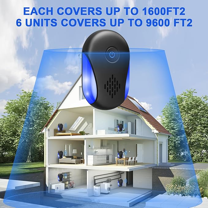 (2025 Upgraded) Ultrasonic Insect & Pest Indoor Repeller, Plug-in Control Electronic Repellent for Rodent, Mice, Rats, Roaches, Bugs, Ants, Spiders, Mosquitoes, Home, 2 Mode Switching (6 Pack)