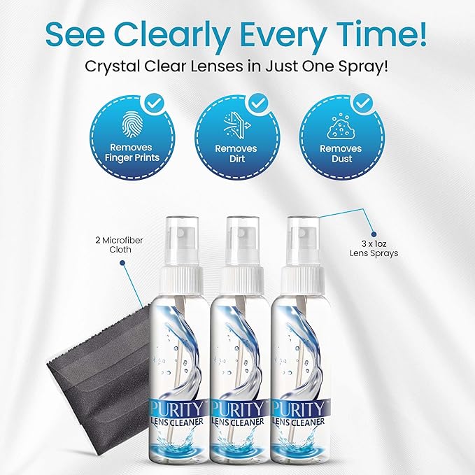 Purity Eyeglass Lens Cleaner Kit - 3 x 1oz Travel Size Lens Cleaner Spray Bottle + 2 Microfiber Cleaning Cloths - Safe for All Lenses (AR Coated Included), Eyeglasses and Screens - Clear