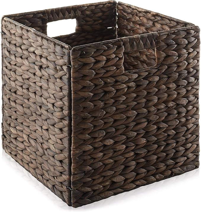 Casafield 12" x 12" Water Hyacinth Storage Baskets, Espresso - Set of 2 Collapsible Cube Organizers, Woven Bins for Bathroom, Bedroom, Laundry, Pantry, Shelves