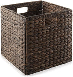 Casafield 12" x 12" Water Hyacinth Storage Baskets, Espresso - Set of 2 Collapsible Cube Organizers, Woven Bins for Bathroom, Bedroom, Laundry, Pantry, Shelves