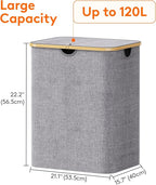 Lifewit 120L Laundry Basket with Lid, Clothes Hampers for Laundry with Bamboo Handles and 1 Removable Bag, Large Foldable Laundry Hamper for Bedroom, Bathroom, Dorm, Laundry Room, Light Gray
