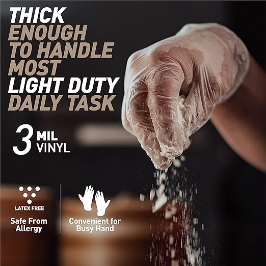 OKIAAS Disposable Gloves XL, Food Safe| Latex-Free and Powder-Free Clear Vinyl Gloves for Cooking, Food Prep, Household Cleaning | Medium,100 Counts/Box