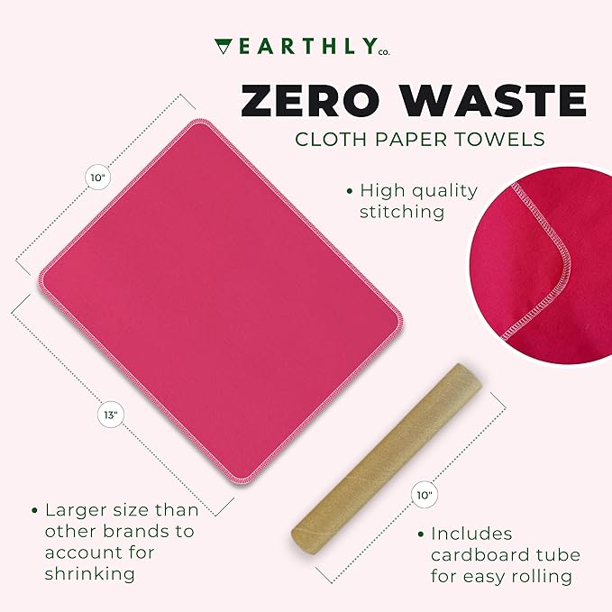 Reusable Paper Towels - 10 Pack - Roll of Washable Cotton Cloth Paper Towels - Paperless Reusable Napkins Cloth Washable - Absorbent + Long Lasting - Zero Waste Products - (Pink Power)