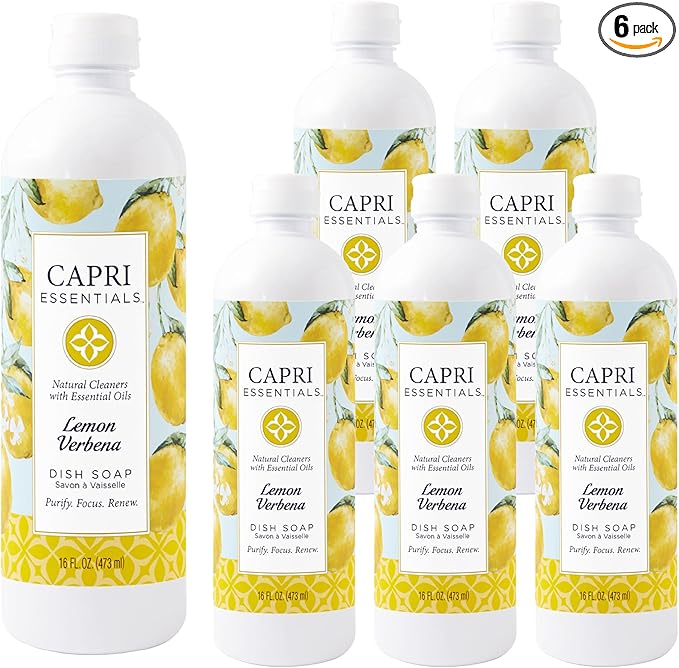 CAPRI ESSENTIALS Dish Soap Liquid, Natural Household Cleaning, Plant Based Aromatic Dish Detergent, Blend of Essential Oils with Tea Tree, Rosemary & Cedarwood, Lemon Verbena, 16 FL Oz (6 Pack)