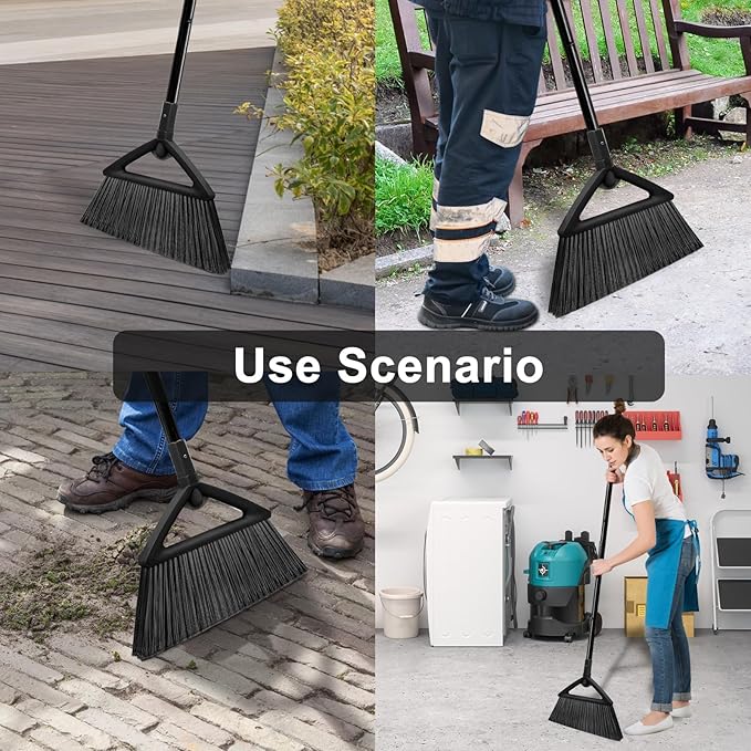 4PCS Heavy Duty Broom, Broom for Sweeeping Indoor and Outdoor, Angle Broom with Long Pole, Outdoor Broom for Courtyard/Garages/Slidewalk, Indoor Broom for Kitchen Lobby Canteen Black