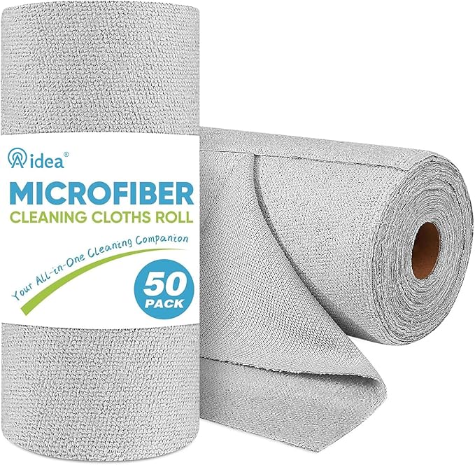 AIDEA Microfiber Cleaning Cloth Roll, 50PK, Paper Towels Reusable Grey Tear Away Towels, Washable Shop Rags, Microfiber Towels for Cars, Lint Free Rags for House, Kitchen, Window,11.5"×11.5"