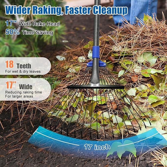 Rake for Leaves: Adjustable Metal Leaf Rake for Lawn, 8-17" Expandable Head,75” Long Handle,Collapsible Heavy Duty Women Kids Garden Rakes for Yard Pine Needles Mulch Grass Debris Gardening Camping