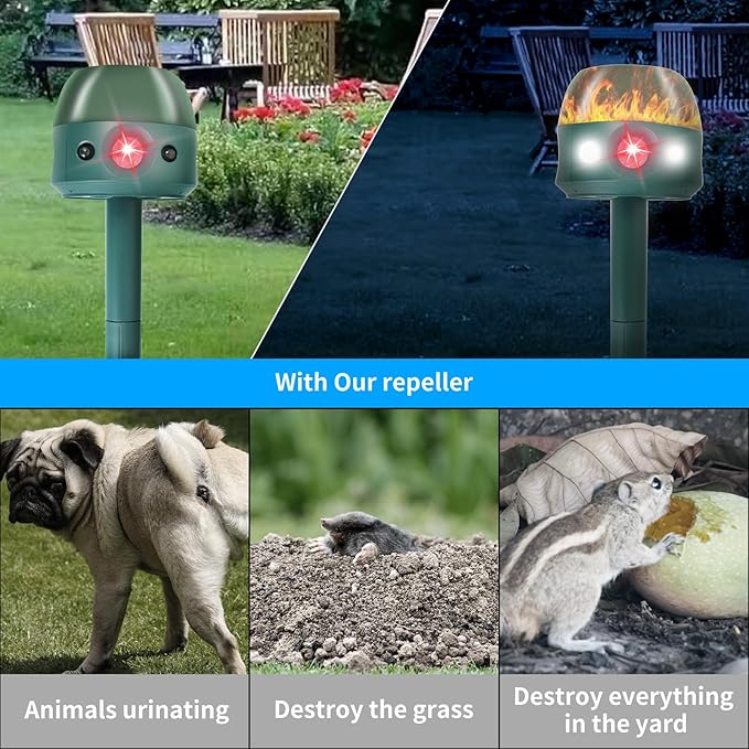 Ultrasonic Solar Animal Repeller for Yard, 5 Modes Outdoor Cat Squirrel Repellent with Motion Sensor, Flame Light, Motor Vibration, Deterrent for Deer Skunk Dog Snake Gophers for Yard Garden