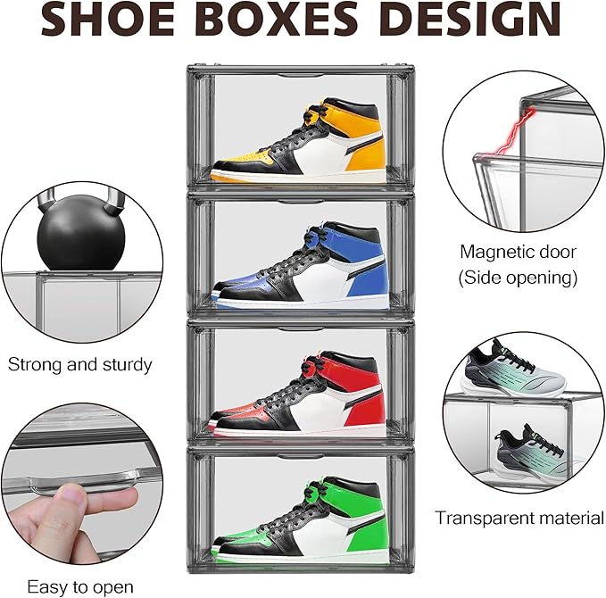 1 Pack Shoe Organizers Storage Boxes for Closet Size 12.5 Shoe Box Clear Stackable Storage Bins with Lids, Under Bed Shoe Containers for Entryway, Grey