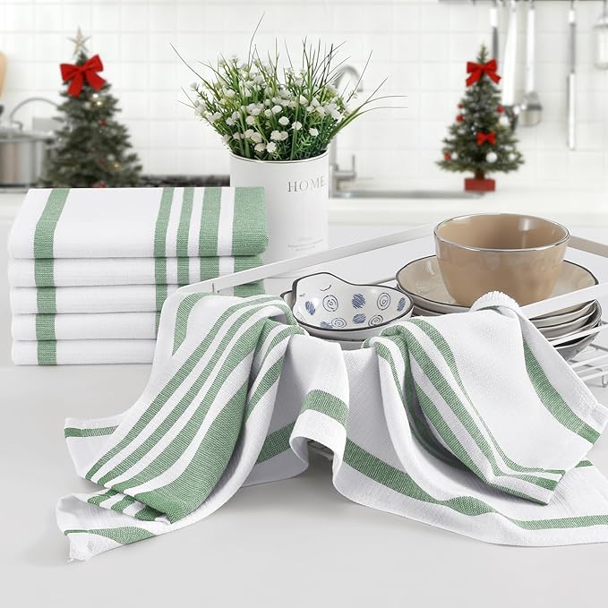 Homaxy Premium Kitchen Towels 18”x 28”, Large Cotton 380 GSM Kitchen Hand Towels, Stripe and Terry Dish Towel, Highly Absorbent Tea Towel Set with Hanging Loop, 8 Pack, Grass Green