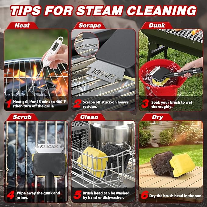 Grill Brush for Outdoor Grill - Bristle Free Grill Cleaner Brush, Steam BBQ Grill Brush with Durable Scraper for Cast Iron or Stainless-Steel Grates, 2 Replaceable Heat-Resistant Heads (Yellow)