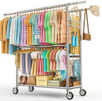 Heavy Duty Clothes Rack Load 1060LBS, Four Rods Rolling Clothing Racks for Hanging Clothes, Rolling Garment Rack With Sturdy Wheels Shelves Hooks, Portable & Adjustable Commercial Garment Rack, Silver