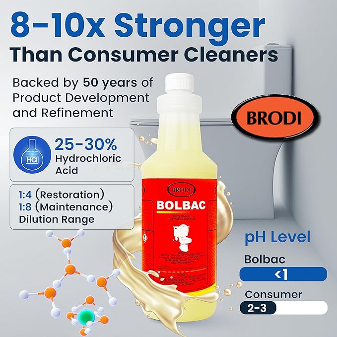 Brodi BolBac Heavy Duty Toilet Bowl Cleaner, High-Power 25-30% HCI Formula, Fast Lime & Rust Removal, Fixture-Safe, Removes Odor-Causing Build-Up (Pack of 3)