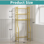 3-Tier Over The Toilet Storage Organizer, Space-Saving Bathroom Rack with Paper Holder & 4 Hooks, 64" Tall Freestanding Carbon Steel Shelf for Small Apartment Laundry Room (Gold)