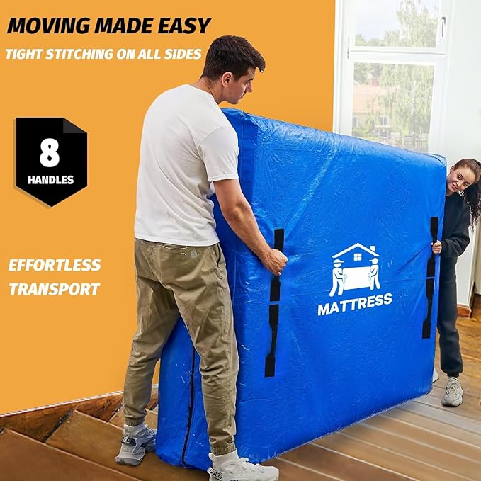 Mattress Bags for Moving, BETU Mattress Protector Waterproof Mattress Cover Full XL Size Storage Bags with 8 Heavy-Duty Handles and Zipper for Bed Extra Thick Large Reusable (82"x57"x15" Blue)