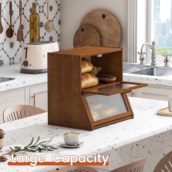 GHWIE Double Layer Bamboo Bread Box for Kitchen Counter,Large Capacity Bread Storage Bin,Bread Container with Acrylic Wavy Door Panel (Brown, Extra Large)
